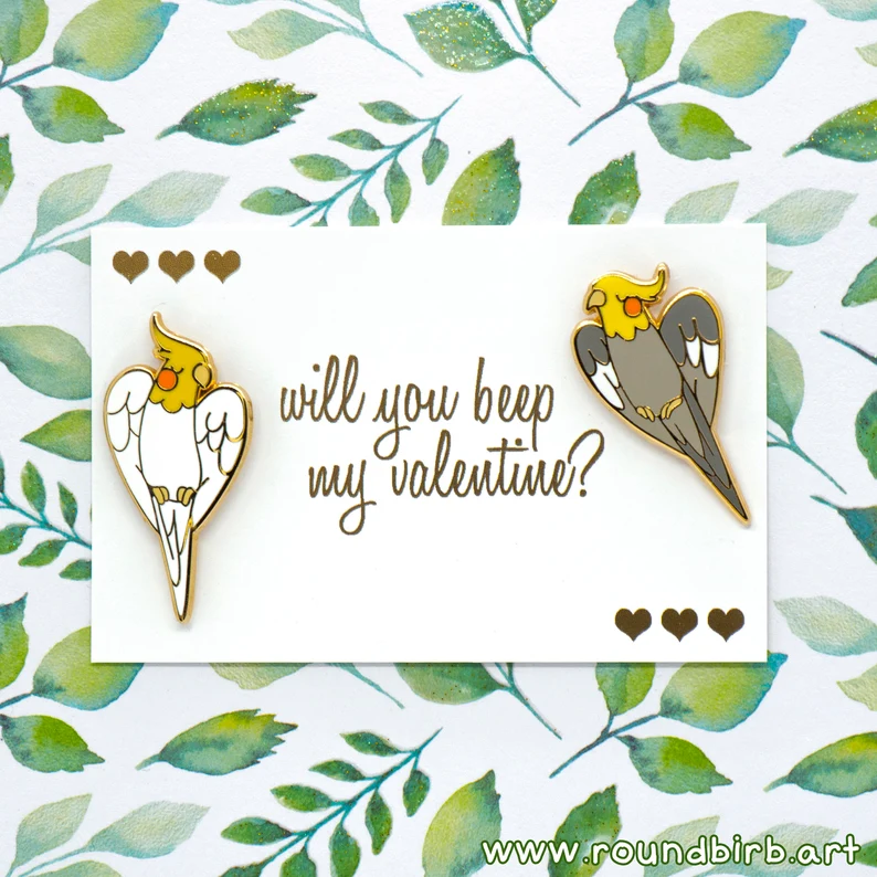 "Will you beep my Valentine" cockatiel parrot enamel pin duo