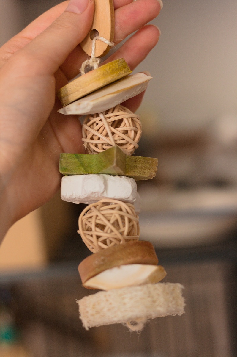 Homemade lovebird toys with loofah, vine balls, colored wood and calcium blocks.